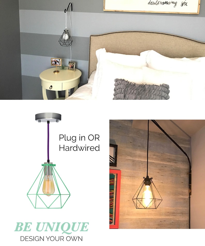 Plug In Bedside Pendant Light Diamond Cage Modern Fixture Hanging Bedroom Lamp Black Geometric Design