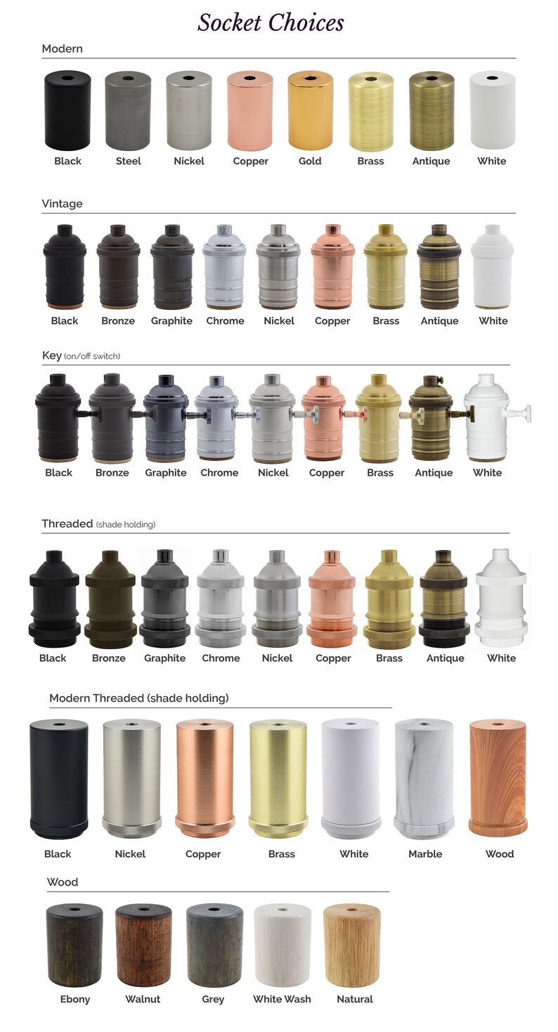 May include: A chart showing different types of light bulb sockets. The sockets are shown in various finishes, including black, steel, nickel, copper, gold, brass, antique, white, bronze, graphite, chrome, and marble. The chart is labeled with the words "Modern", "Vintage", "Key (on/off switch)", "Threaded (shade holding)", "Modern Threaded (shade holding)", "Wood", and "Ebony".