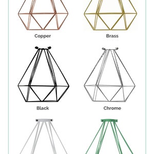 May include: A selection of diamond-shaped cage light fixtures in various colors: copper, brass, black, chrome, white, and mint green. The text "Diamond Cage Choices" is at the top.