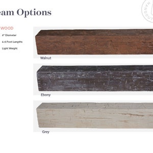 May include: Three faux wood beams in walnut, ebony, and grey. The beams are 15 cm in diameter and 1.2 to 1.8 metres long. They are lightweight and made of faux wood.