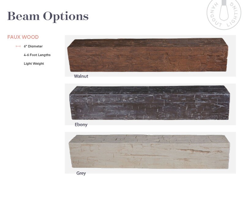 May include: Three faux wood beams in walnut, ebony, and grey. The beams are 15 cm in diameter and 1.2 to 1.8 metres long. They are lightweight and made of faux wood.