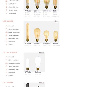 May include: Flush mount sconce bulb options for incandescent antique, LED amber, LED milk white, and LED smoke.  The image shows different bulb styles, including tube, Edison, Victorian, and radio.  Each bulb style is available in different wattages and lumens.  The image also includes the dimensions of each bulb style.