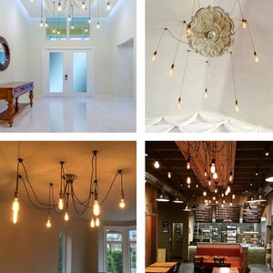 May include: Four different images of a multi-bulb pendant light fixture with exposed wiring. The first image shows a light fixture with colorful cords hanging from a white ceiling in a hallway. The second image shows a light fixture with black cords hanging from a white ceiling with a decorative medallion. The third image shows a light fixture with black cords hanging from a black ceiling in a living room. The fourth image shows a light fixture with black cords hanging from a wood ceiling in a restaurant.