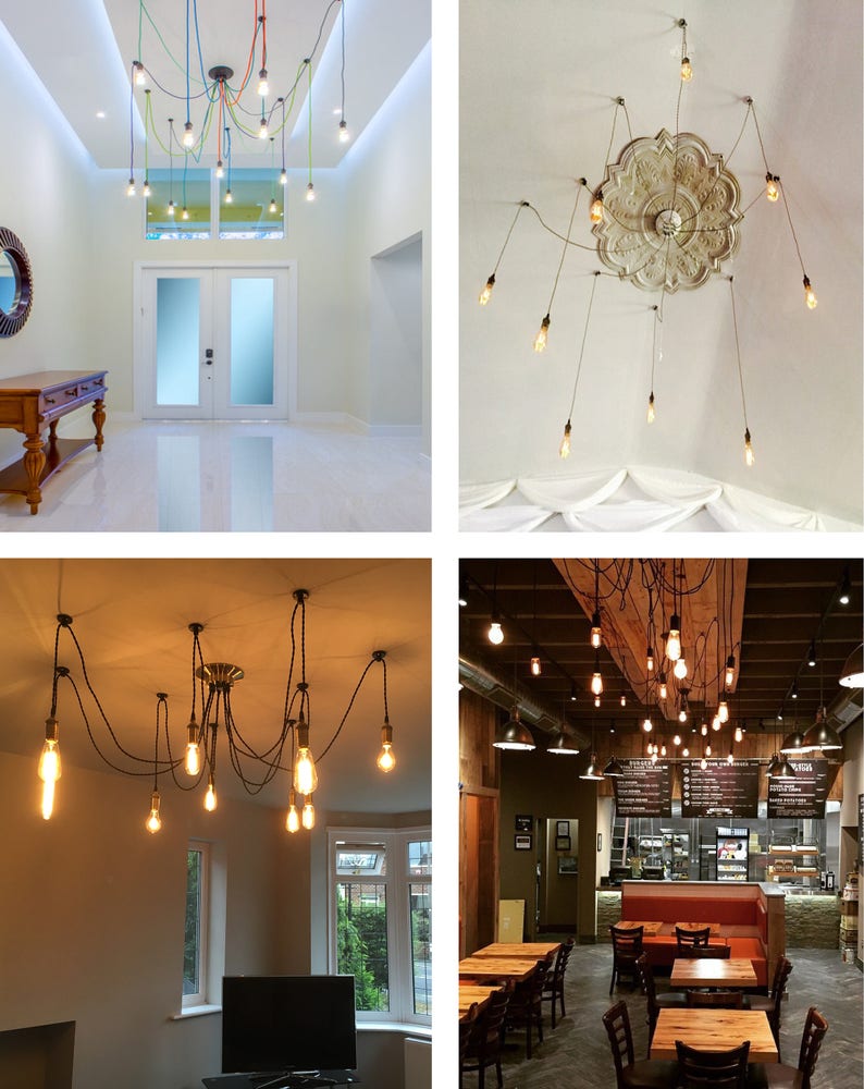 May include: Four different images of a multi-bulb pendant light fixture with exposed wiring. The first image shows a light fixture with colorful cords hanging from a white ceiling in a hallway. The second image shows a light fixture with black cords hanging from a white ceiling with a decorative medallion. The third image shows a light fixture with black cords hanging from a black ceiling in a living room. The fourth image shows a light fixture with black cords hanging from a wood ceiling in a restaurant.