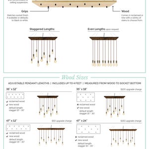 May include: A diagram showing different sizes and styles of pendant lights made from reclaimed or new wood. The lights can be customized with different lengths and finishes. The diagram includes the text "10 Pendant Wood Specs" and "Wood Sizes".