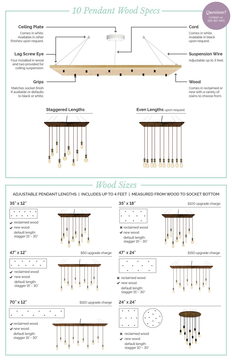 May include: A diagram showing different sizes and styles of pendant lights made from reclaimed or new wood. The lights can be customized with different lengths and finishes. The diagram includes the text "10 Pendant Wood Specs" and "Wood Sizes".