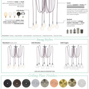 May include: A 7-light pendant swag chandelier with a variety of finishes for the ceiling plate, cord, and socket. The pendant is shown with clear glass bulbs, but can be customized with shades or cages. The image shows the different finishes available for the ceiling plate, including black, bronze, graphite, chrome, nickel, copper, brass, antique, white, ebony, grey, walnut, natural, and white.