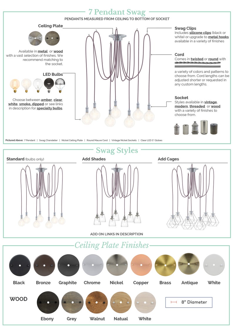 May include: A 7-light pendant swag chandelier with a variety of finishes for the ceiling plate, cord, and socket. The pendant is shown with clear glass bulbs, but can be customized with shades or cages. The image shows the different finishes available for the ceiling plate, including black, bronze, graphite, chrome, nickel, copper, brass, antique, white, ebony, grey, walnut, natural, and white.