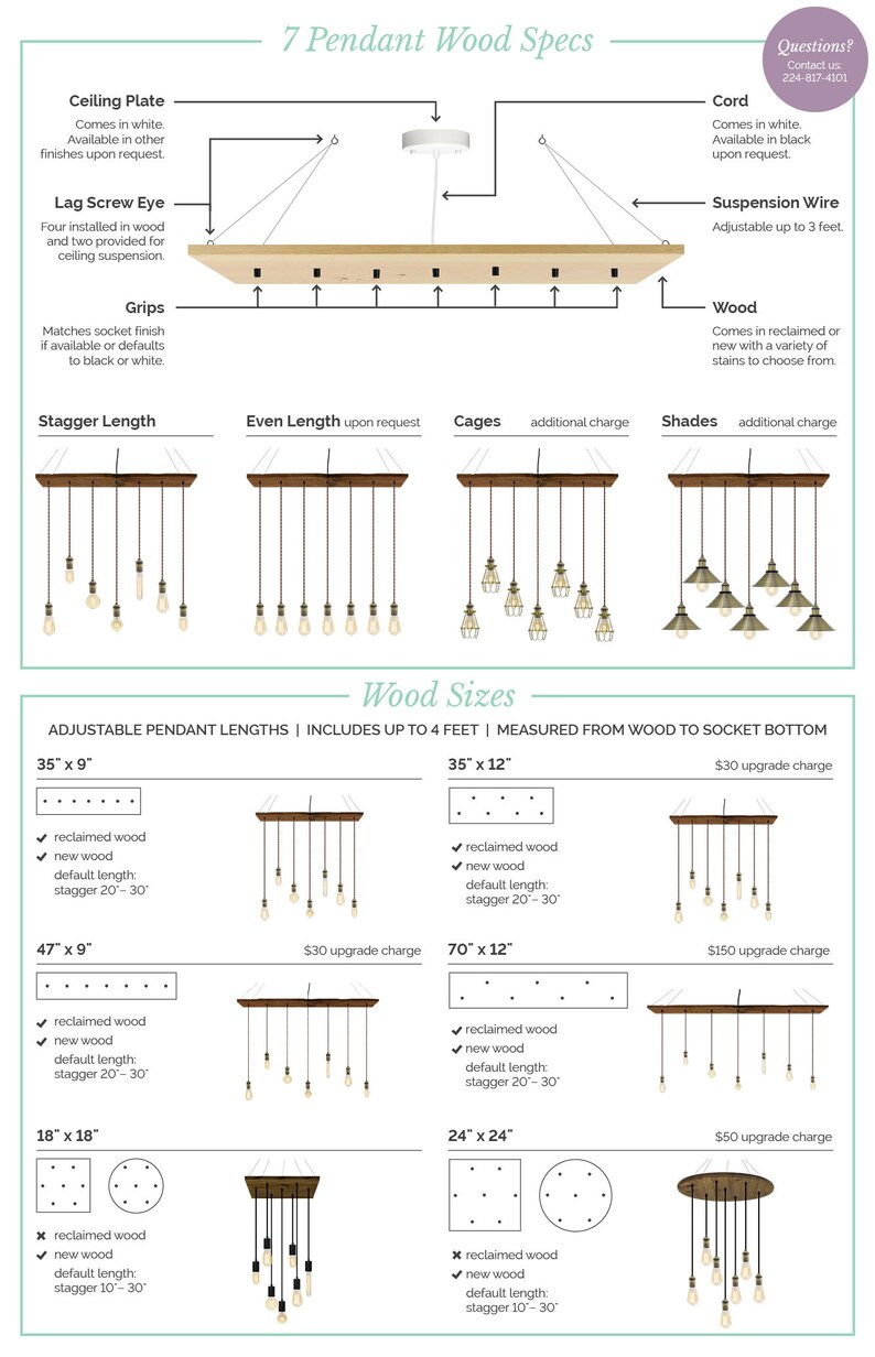 May include: Diagram showing different sizes and styles of wood pendant lights. The lights are made with reclaimed or new wood and have adjustable lengths. The diagram includes information about the different wood sizes, lengths, and upgrade charges.