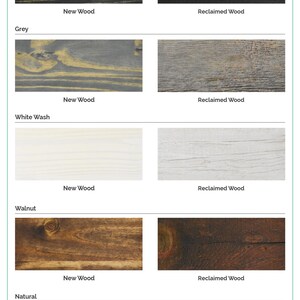 Puede incluir: Opciones de madera para muebles, mostrando madera nueva y recuperada en cinco colores diferentes: &eacute;bano, gris, lavado blanco, nogal y natural.