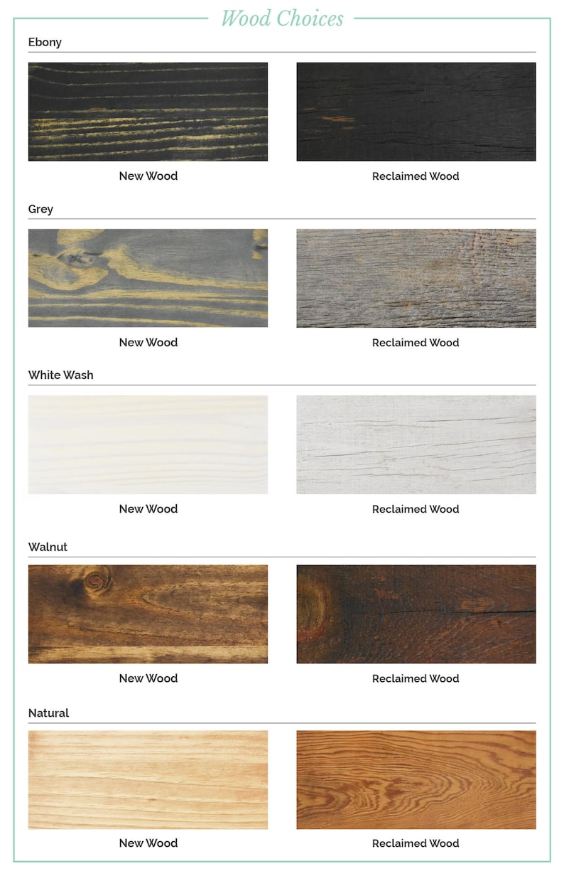 Puede incluir: Opciones de madera para muebles, mostrando madera nueva y recuperada en cinco colores diferentes: &eacute;bano, gris, lavado blanco, nogal y natural.