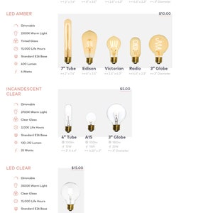 May include: A product catalog displays various light bulb options, including incandescent and LED styles. The image showcases different bulb shapes like tubes, globes, and Edison bulbs, with specifications such as wattage, lumens, and dimensions.