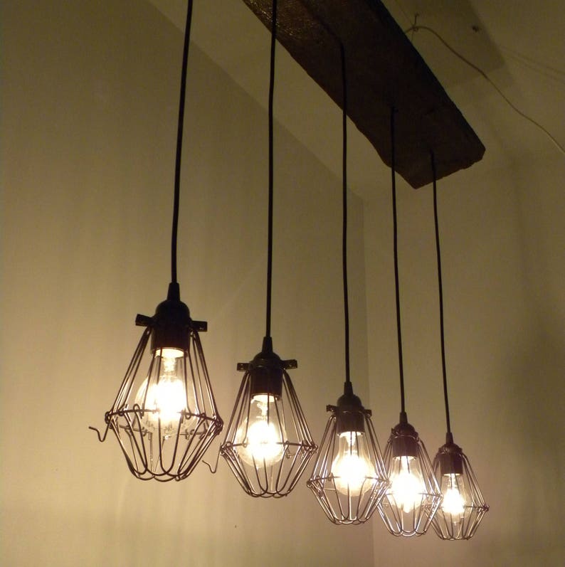 Wood 5 Cage Pendant Lights Antique Reclaimed Chandelier Image 0