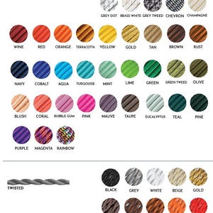 May include: A chart showing different colors of electrical cords. The cords are categorized by style: round, twisted. The colors include black, white, grey, beige, gold, red, orange, yellow, green, blue, purple, pink, brown, teal, rust, and more.