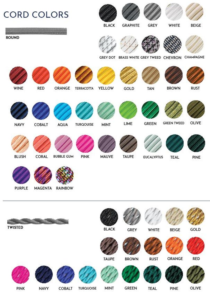 May include: A chart showing different colors of electrical cords. The cords are categorized by style: round, twisted. The colors include black, white, grey, beige, gold, red, orange, yellow, green, blue, purple, pink, brown, teal, rust, and more.