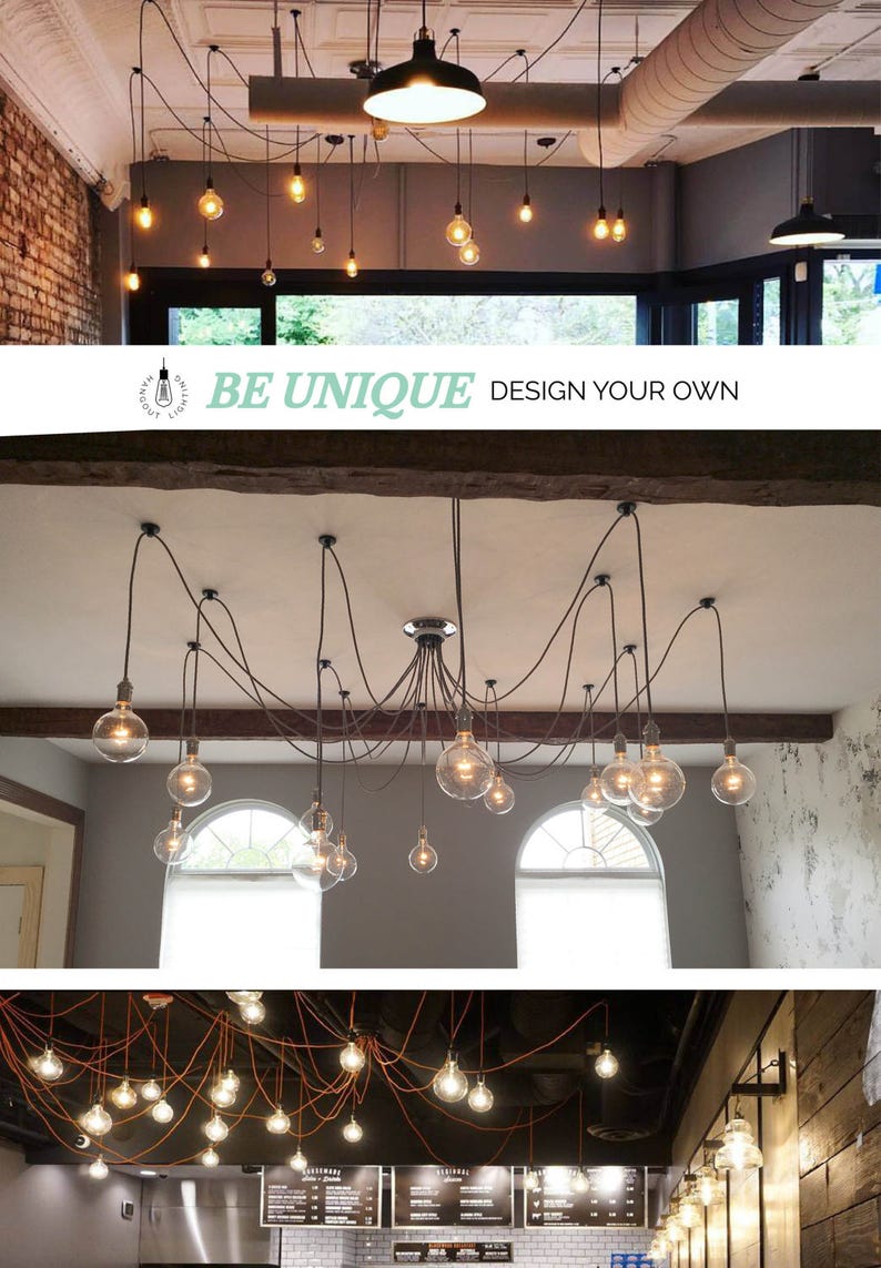 May include: Three different styles of hanging light fixtures with exposed wiring and Edison bulb light fixtures. The first image shows a single fixture with multiple bulbs hanging from the ceiling. The second image shows a chandelier with multiple bulbs hanging from a central point. The third image shows a fixture with multiple bulbs hanging from a central point with exposed wiring.