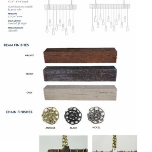 May include: A customizable beam chandelier with a wooden beam in walnut, ebony, or grey finishes. The chandelier features a chain in antique, black, or nickel finishes. The chain length is adjustable. The beam can be 6 inches by 6 inches and 4 or 6 feet long. Custom sizes are available.