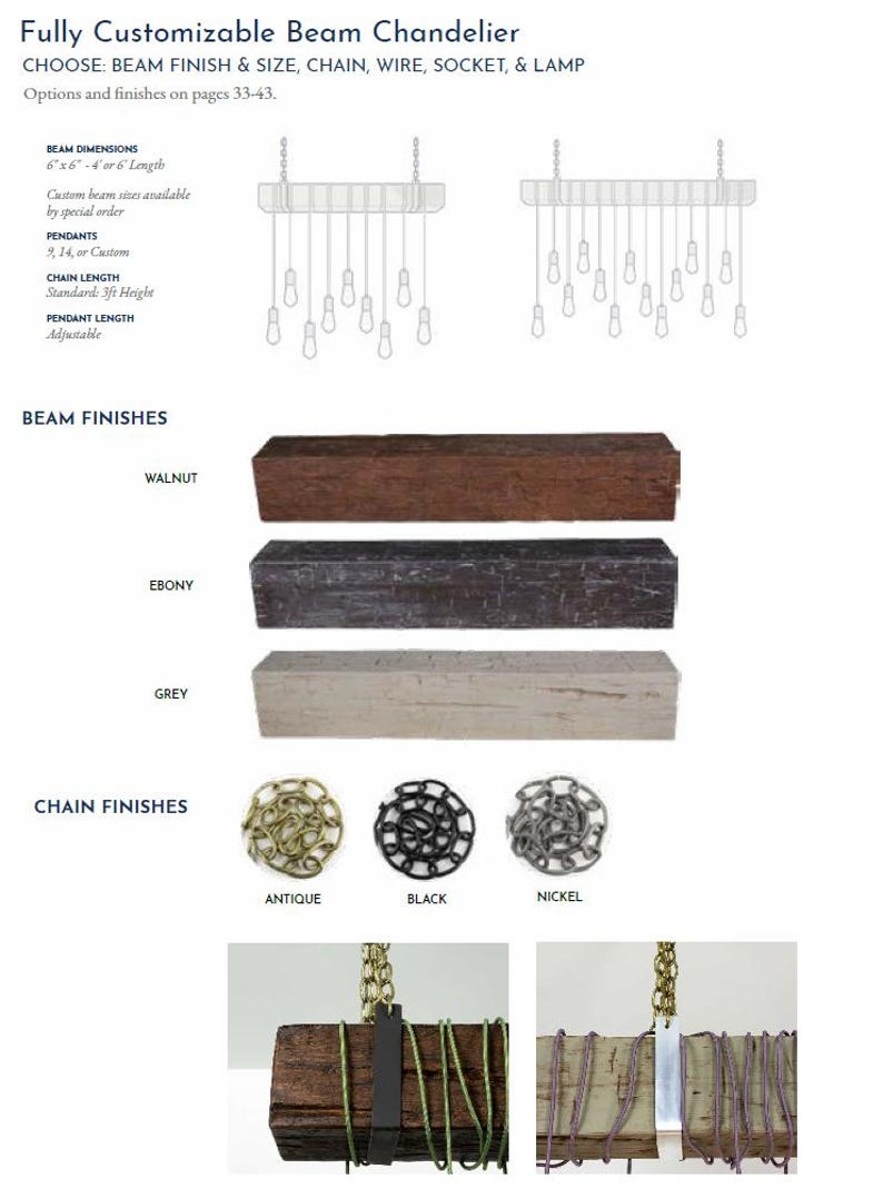 May include: A customizable beam chandelier with a wooden beam in walnut, ebony, or grey finishes. The chandelier features a chain in antique, black, or nickel finishes. The chain length is adjustable. The beam can be 6 inches by 6 inches and 4 or 6 feet long. Custom sizes are available.
