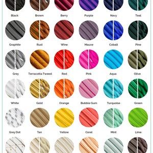 May include: A chart showing different colors and patterns of electrical cords. The cord options are labeled "Round" and "Twisted". The colors include black, brown, berry, purple, navy, teal, graphite, rust, wine, mauve, cobalt, pine, grey, terracotta tweed, red, pink, aqua, olive, white, gold, orange, bubble gum, turquoise, green, grey dot, tan, yellow, coral, mint, lime, white brass, beige, champagne, blush, eucalyptus, taupe, grey tweed, chevron, rainbow, magenta, and green tweed.