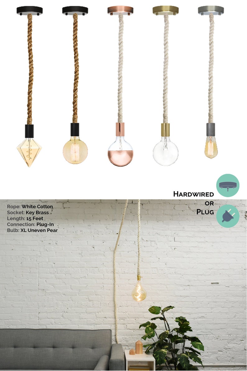 Rope Pendant Light White Cotton Modern Industrial Manila Image 0