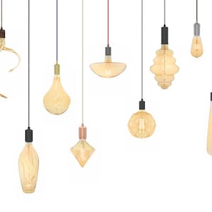May include: A collection of nine unique Edison bulb light fixtures with different shapes and styles, hanging from black cords against a white background.