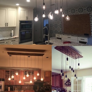 May include: A rustic wooden chandelier with multiple Edison bulbs hanging from black cords. The chandelier is shown in three different kitchen settings.