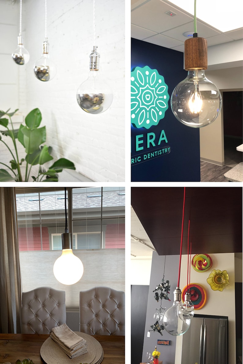 May include: Four different overhead light fixtures with exposed bulbs. The first image shows three silver bulbs hanging from white cords against a white wall. The second image shows a single clear glass bulb with a wooden base hanging from a green cord against a blue wall with a teal logo that says "ERA" and "RIC DENTISTRY". The third image shows a single white frosted bulb hanging from a black cord against a white wall with a window behind it. The fourth image shows three clear glass bulbs hanging from red cords against a dark brown wall with colorful wall art behind them.