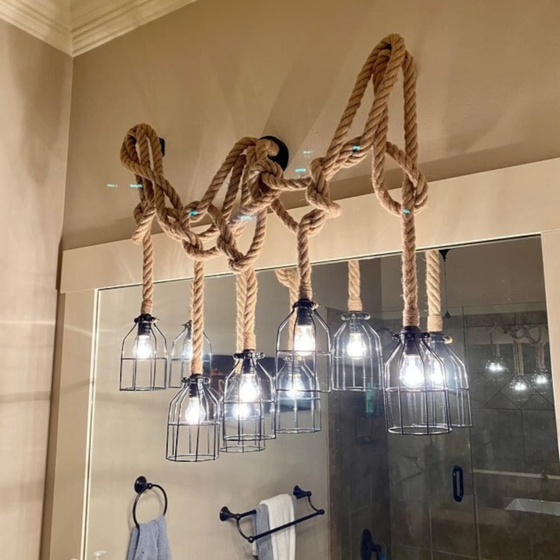 Chandeliers Rope Rectangular Thick Rope Pendant Chandelier Custom Lengths White Cotton - Etsy
