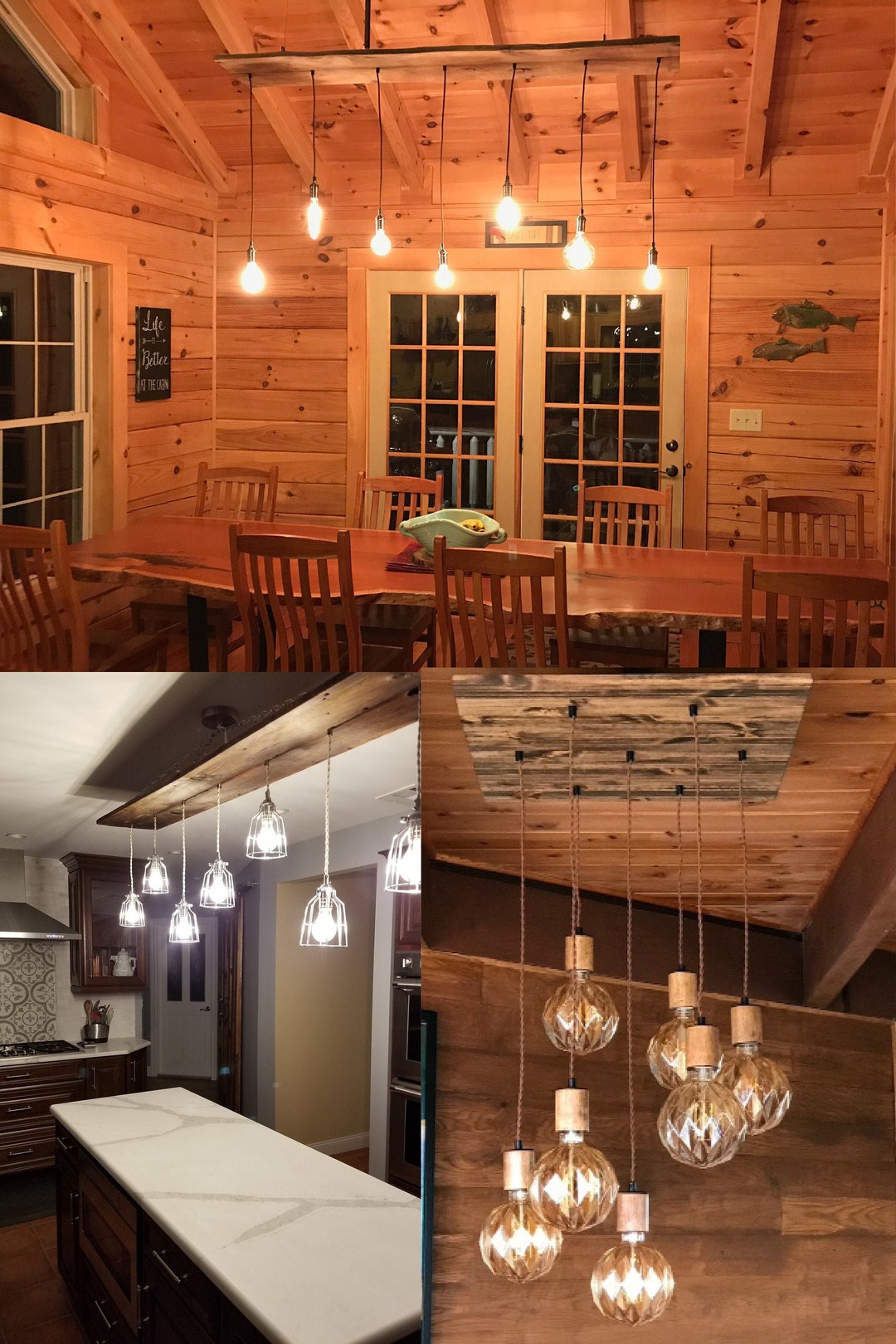 Dining Chandelier Rustic Modern 7 Pendant Lights Antique Edison Bulb Reclaimed Wood Rustic ...