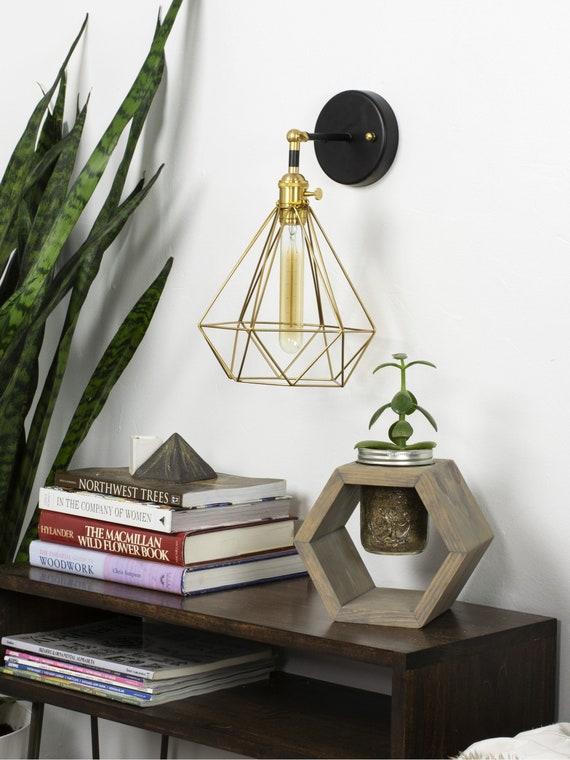 Brass Diamond Modern Black and Brass Wall Sconce - Custom Finish - LED or Antique Bulbs - Modern Lighting - Bedroom Lighting - Bedside Lamp