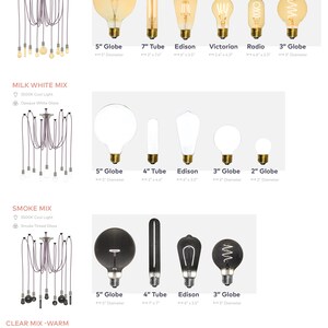 May include: A graphic showing different LED bulb mix options for a swag light. The options include amber, milk white, smoke, and clear mix-warm. Each option shows a chandelier with different colored bulbs and a close-up of the different bulb types, including globe, tube, and Edison. The text on the graphic includes the color temperature, light type, and bulb dimensions.