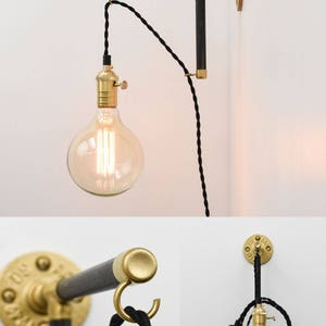 Custom Plug In Wall Sconce Modern Wood Industrial Pipe Brass Black White Plug wall light fixture with switch LED White Glass Globe image 3