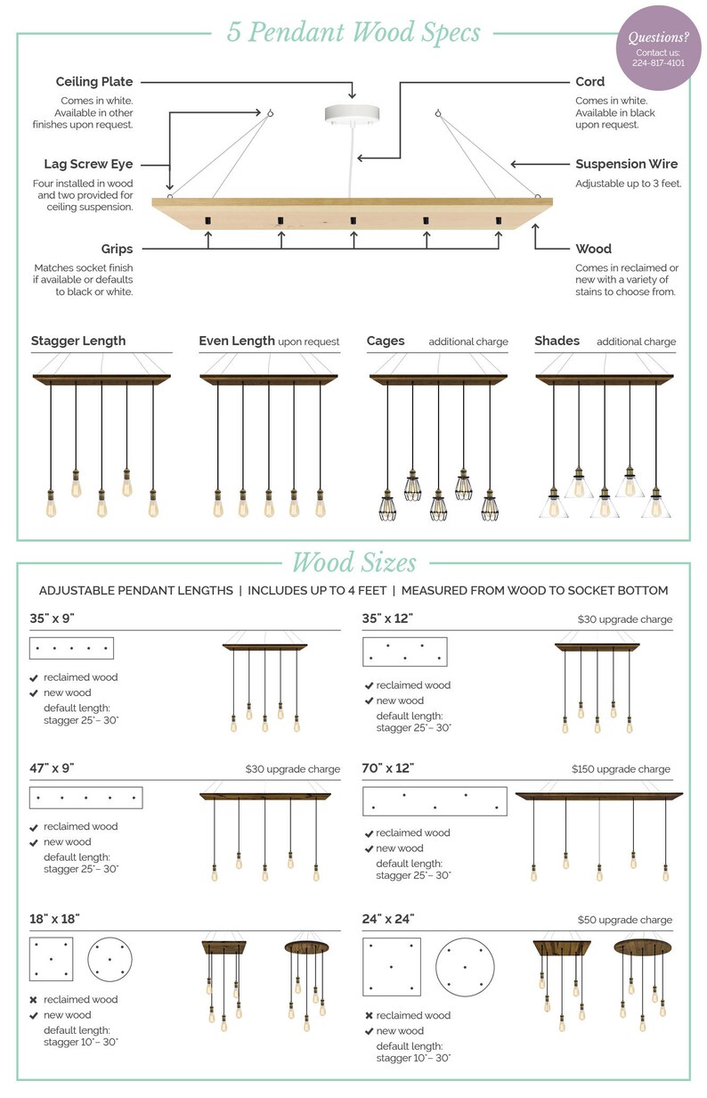 K&ouml;nnte beinhalten: Diagramm mit verschiedenen Holzgr&ouml;&szlig;en und -l&auml;ngen f&uuml;r eine 5-flammige Pendelleuchte. Die Leuchte kann mit recyceltem oder neuem Holz, versetzten oder geraden L&auml;ngen sowie K&auml;figen oder Schirmen angepasst werden. Das Diagramm enth&auml;lt Ma&szlig;e in Zoll.