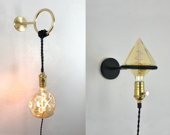 Loop Hook Plug in wall sconce - Brass or Black with custom colors - Bedside Lighting - Bedroom Lamp - Hanging Circle Wall Bracket Pendant