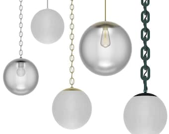 Custom Globe Pendant Light – Clear or Frosted Glass – Brass, Black, White, Nickel – Chain or Cord – 8", 10", 12", 14", 16" Sizes