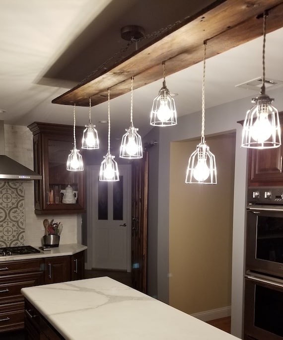 5 Pendant Reclaimed Wood Chandelier, Black Round Cages, Edison Bulbs 5 Pendant Reclaimed Wood Chandelier, Black Round Cages, Edison Bulbs