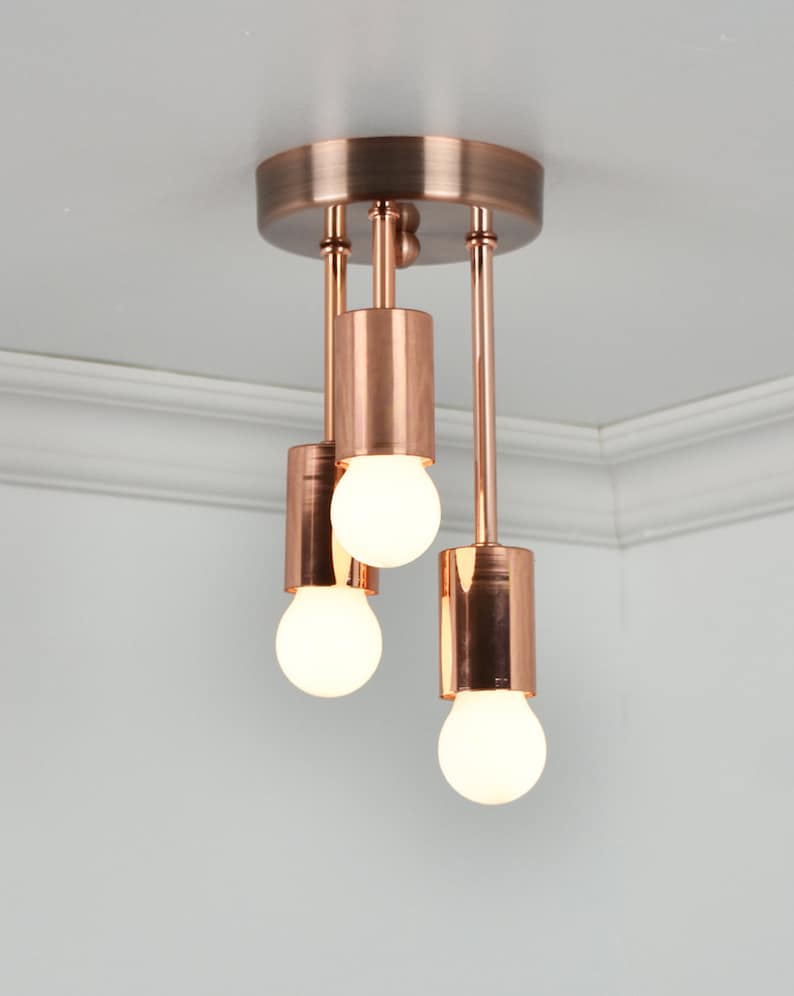 Copper Ceiling Light Triple Flush Mount Three Bulb Modern Fixture 3 Semi Rose Gold