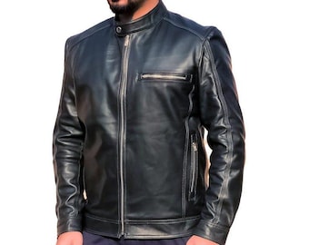Men's Black Leather Biker Jacket: Handmade Slim Fit Cafe Racer