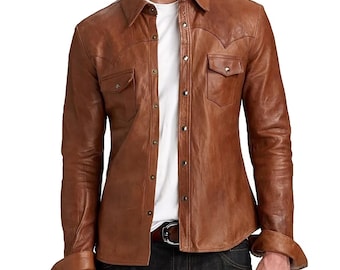 Men's Distressed Brown Leather Cowboy Jacket: Rustic Western Style