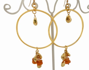 Carnelian Statement Jewelry, Orange & Gold Earrings, Beaded Carnelian Earrings, Women's Orange Gem Earrings, African Gold Pyrite Jewelry