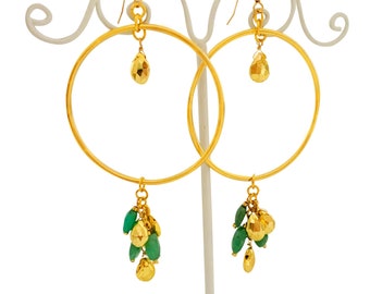 Chrysoprase Jewelry, Green Gemstone & Gold Earrings, Statement Hoop Earrings, Green Gem Bead Earrings, Large Gold Hoops, Bead Dangles