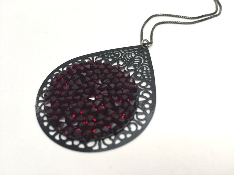 Dark Red Pendant Necklace, Women's Red & Black Pendant Necklace, Dark Red and Black Jewelry, Dark Red Crystal Jewelry, Black Chain Necklace image 7