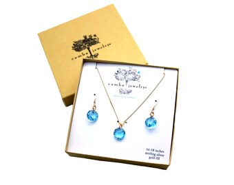 Women's March Birthstone Jewelry, Aquamarine Swarovski Jewelry, Blue Crystal Jewelry Set, Gold & Blue Swarovski Earrings, March Gift