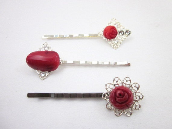 Women S Red Hair Accessories Red Flower Hair Pins Carved Etsy