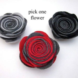 Grey Felt Accessories, Grey Flower Pin, Dark Grey Flower, Dark Flower Brooch, Grey Lapel Pin, Grey Red Black Accessory, Rolled Flowers image 1