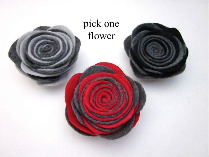 Grey Felt Accessories, Grey Flower Pin, Dark Grey Flower, Dark Flower Brooch, Grey Lapel Pin, Grey Red Black Accessory, Rolled Flowers image 1