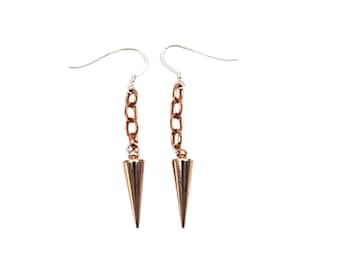 Women's Pink Gold Boho Jewelry, Pink Gold Chain Earrings, Women's Long Spike Earrings, Minimalist Rose Gold Jewelry, Spike Chain Earrings