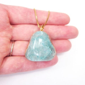 Smooth Light Blue Gemstone Pendant Necklace: Aqua Stone & Gold Jewelry for Women