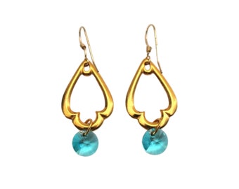 Women's Turquoise Teardrop Earrings, Aqua & Gold Dangle Earrings, Teal Blue Crystal Earrings, Gold and Turquoise Swarovski Jewelry