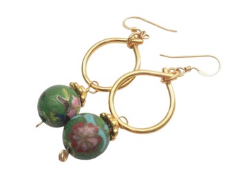 Gold Hoop Bead Earrings, Cloisonne Jewelry, Women's Green Bead Dangles, Cloisonne Dangle Earrings, Green Loop Earrings, Olive Green Jewelry